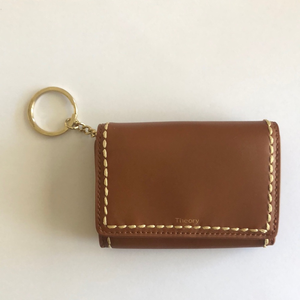 Theory Tan Leather Card Wallet with Gold Keyring